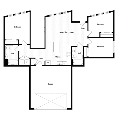 Floor plan for 3 beds, 2 baths, 1222 sqft